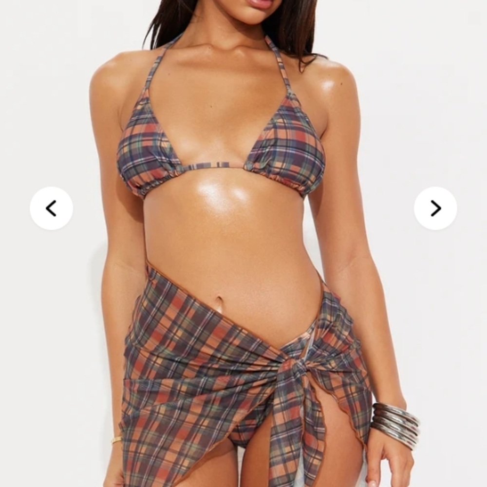 3 Pc Multicolor Plaid Bikini Set